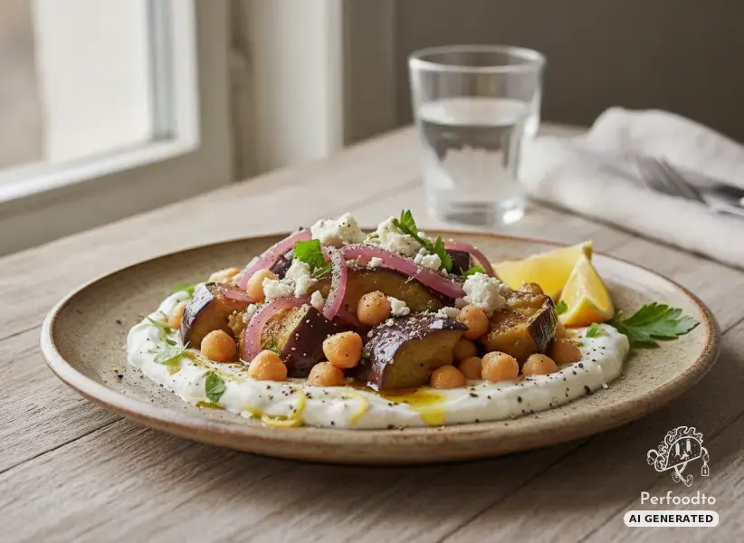Steamed eggplant and chickpeas on lemon yogurt cream