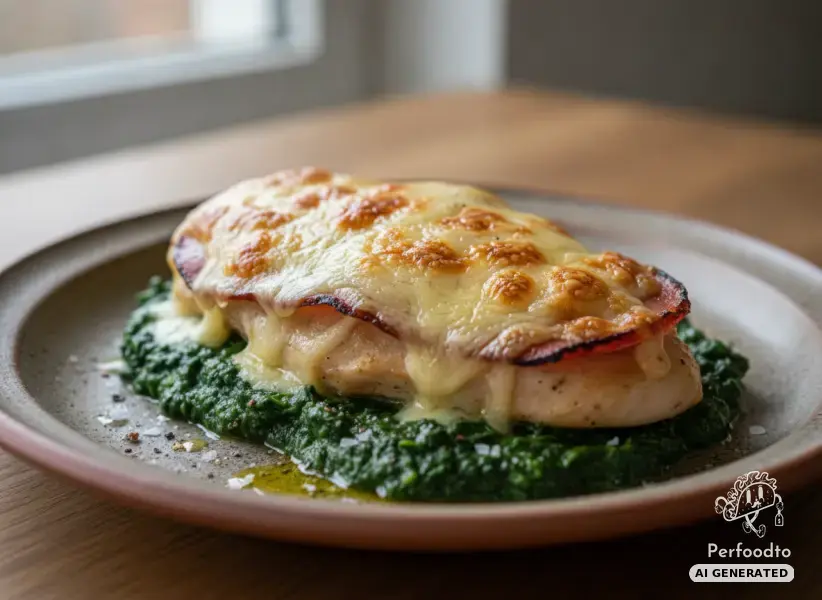 Baked chicken fillet on creamy spinach