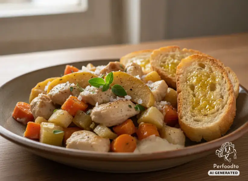 Autumnal corn-fed chicken skillet with root vegetables and apples