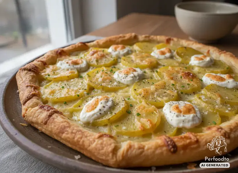 Knusprige Blätterteigtarte mit Erdäpfeln und Mascarpone