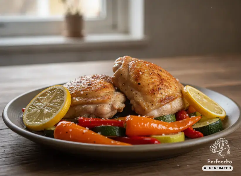 Crispy corn fed chicken thighs with lemon and oven vegetables