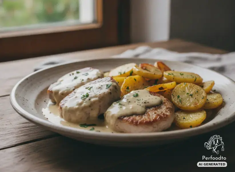 Pork medallions in creamy sauce with roasted potatoes