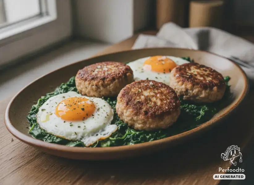 Traditional Austrian Meat Patties with Creamed Spinach and Fried Egg