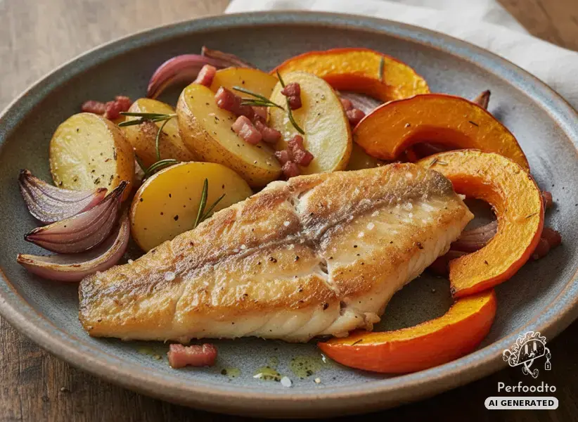Baked redfish with rosemary potatoes and pumpkin