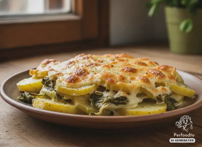 Savory potato and chicory bake with cheese crust