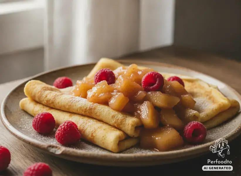 Vegan crepes with warm apple compote and raspberries
