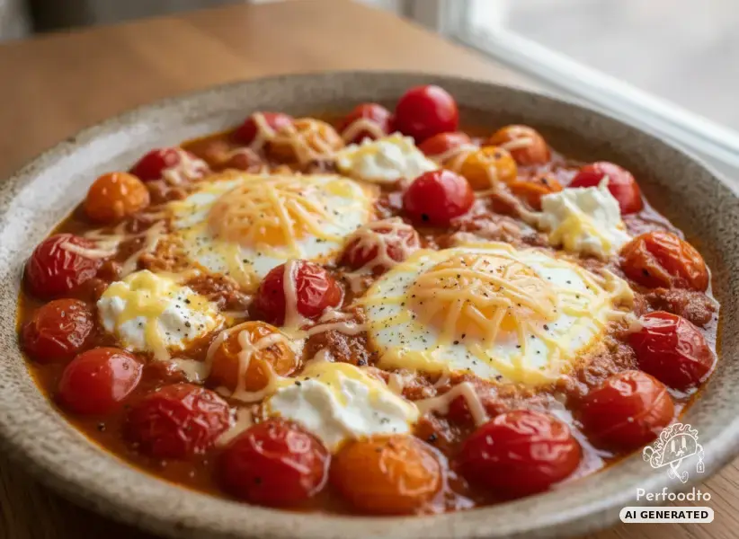 Spicy shakshuka with Datterini tomatoes, eggs and Gouda
