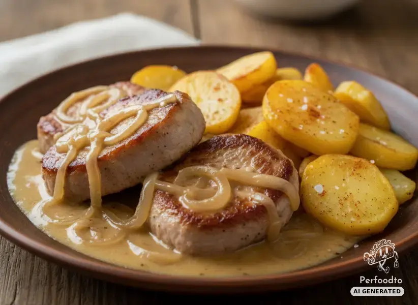 Tender pork medallions in creamy onion sauce with fried potatoes