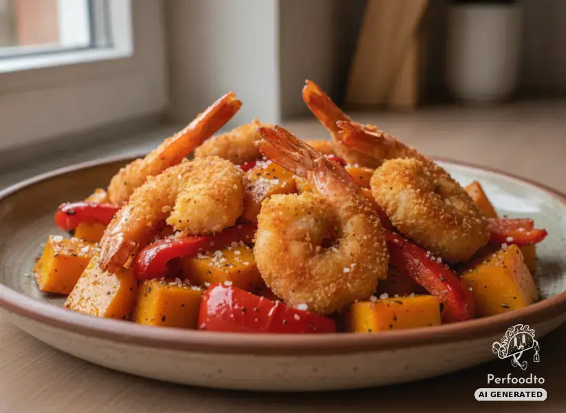 Crispy prawns with pumpkin and peppers