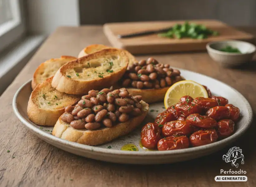 Geröstetes Ciabatta mit Pintobohnen und geschmorten Datteltomaten