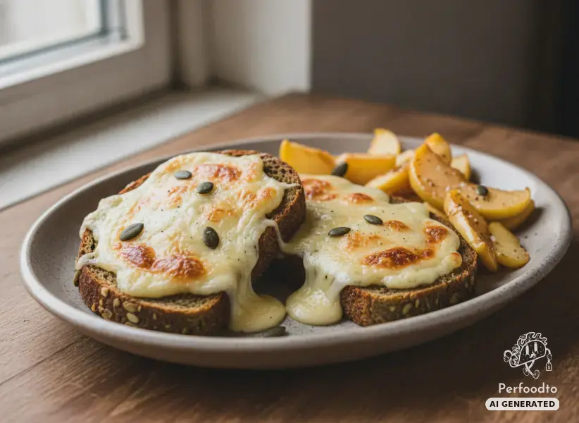 Baked pumpkin seed bread with wine cheese and fried apples