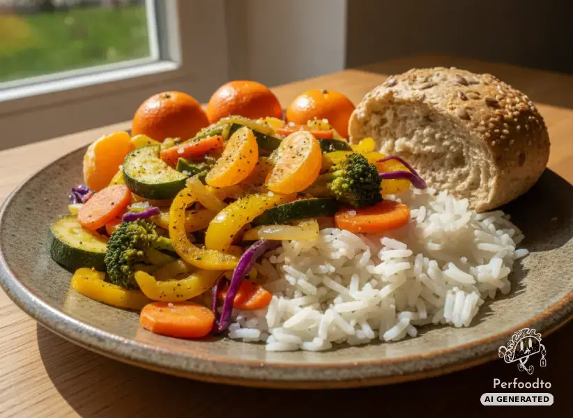 Savory vegetable skillet on long grain rice with satsumas