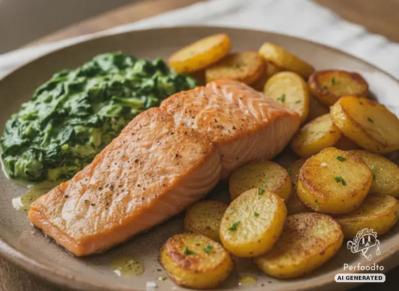 Salmon fillet with creamed spinach and crispy potatoes