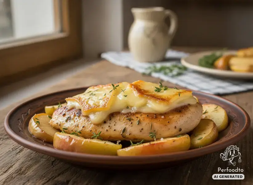 Chicken fillet with fried apples and mountain cheese