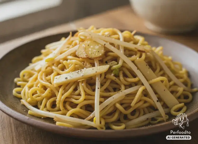Fried Asian egg noodles with bean sprouts and bamboo shoots