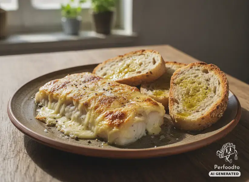 Baked cod with mountain cheese and baguette