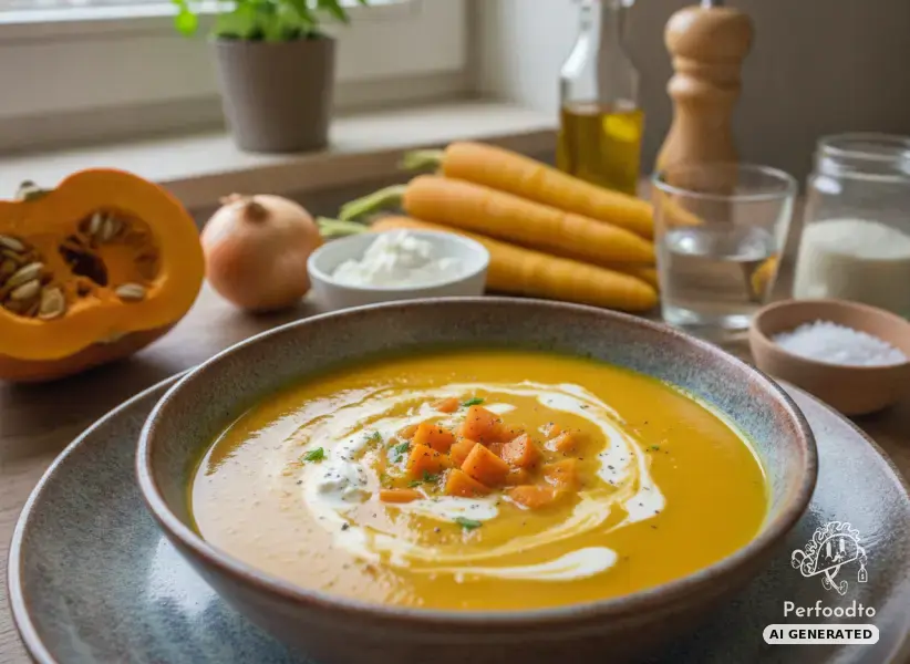 Creamy pumpkin soup with carrots and cream cheese