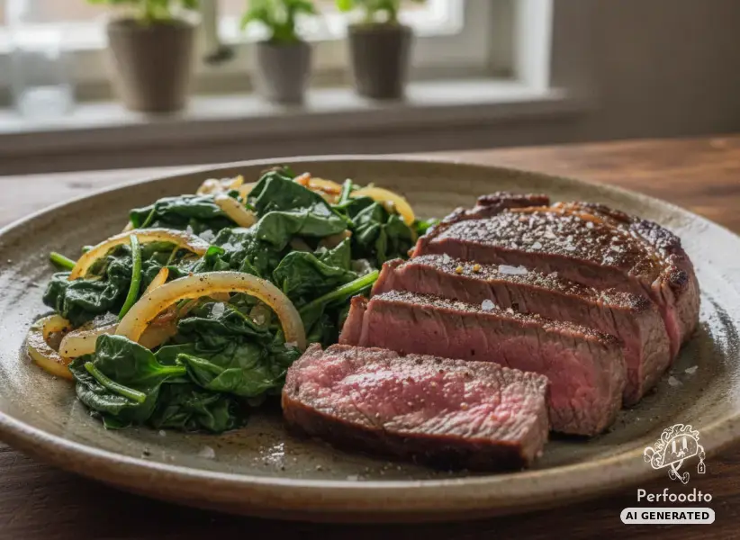 Rib eye steak with leaf spinach and onions