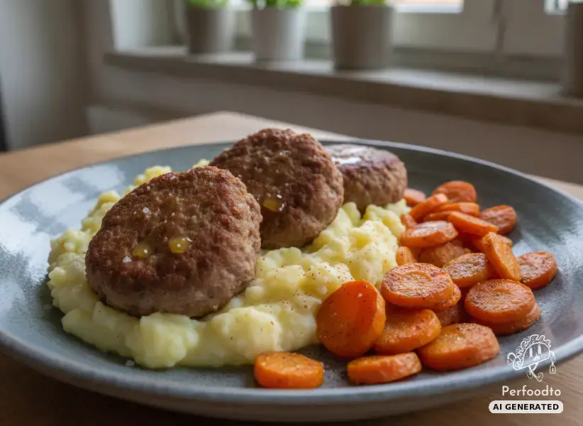 Minced meat patties with mashed potatoes and roasted carrots