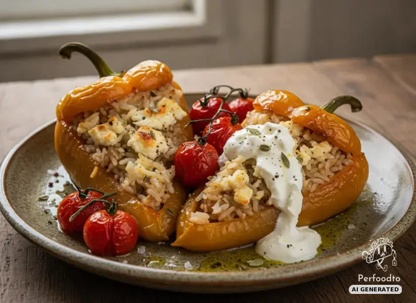 Stuffed pointed peppers with rice and white cheese from the oven