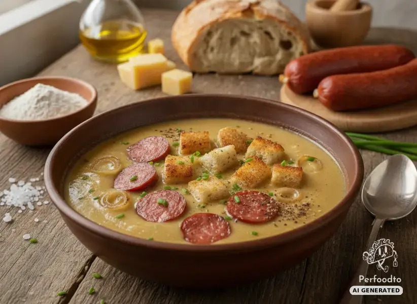 Hearty Vorarlberg mountain cheese soup with Debreziner from the Thermomix
