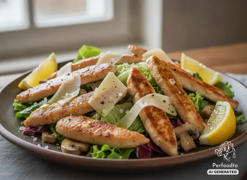 Fried chicken strips on colorful iceberg lettuce with mountain cheese