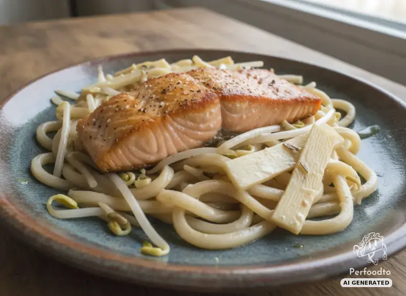 Pan-seared salmon fillet on Asian udon noodles with bean sprouts and bamboo shoots