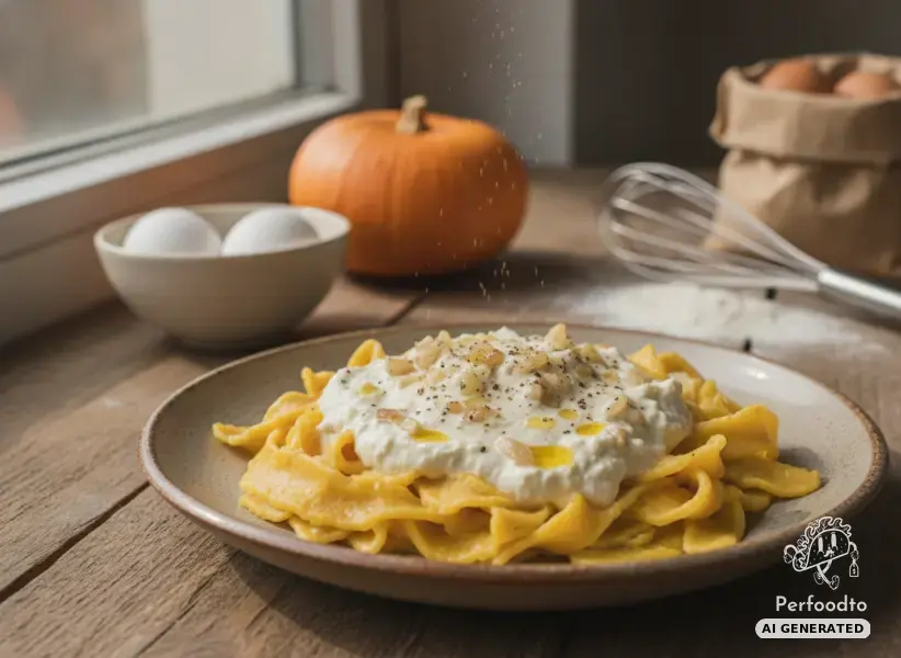 Selbstgemachte Kürbisnudeln in Frischkäsesauce