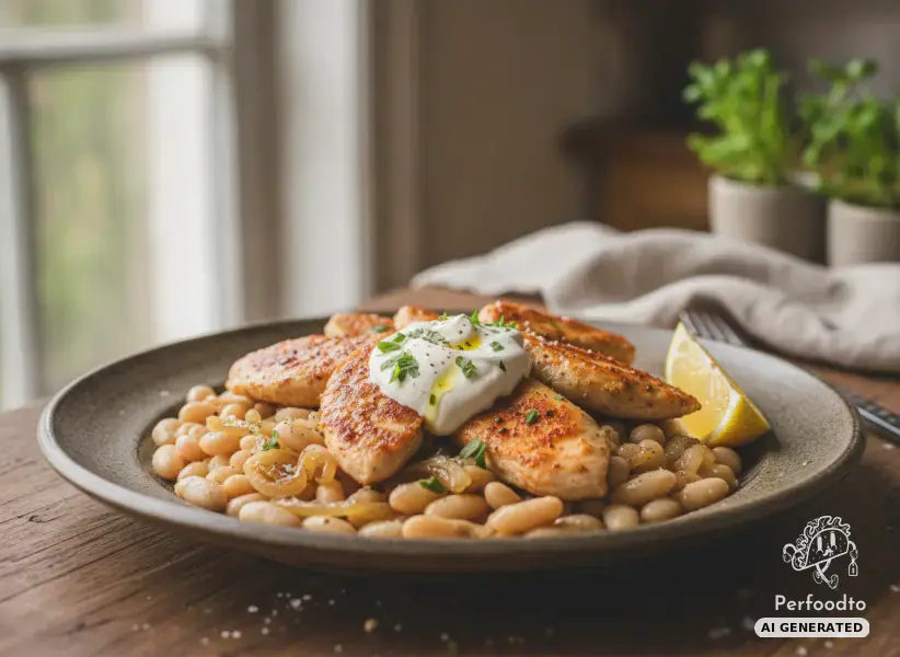 Fried chicken inner fillets with white beans and sour cream