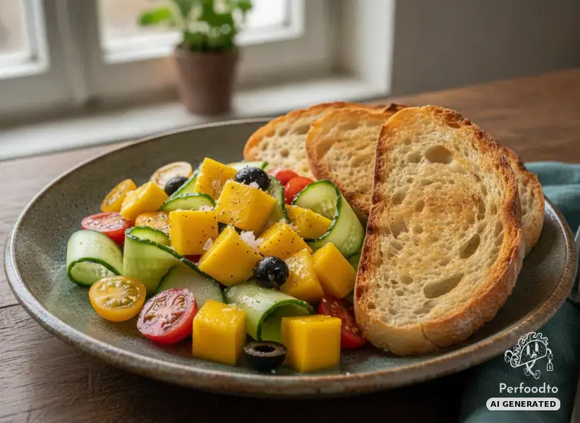 Bunter Mangosalat mit geröstetem Landbrot