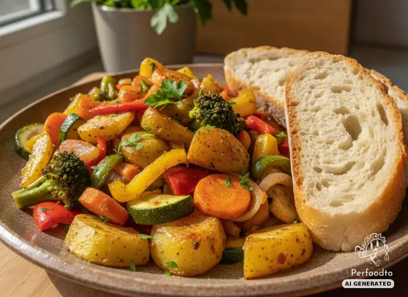 Bunte Gemüsepfanne mit knusprigen Kartoffeln und Baguette