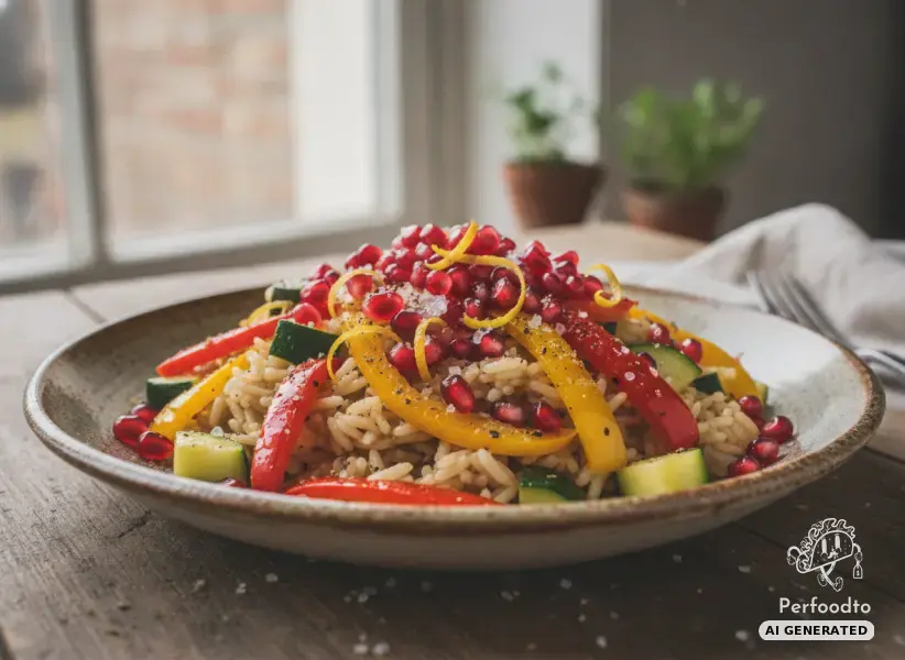 Fruity rice skillet with zucchini, pointed peppers and pomegranate