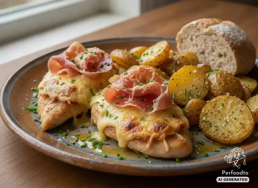 Baked chicken breast with prosciutto and oven potatoes