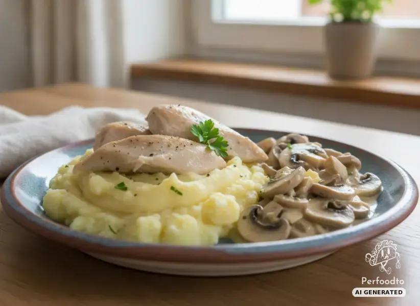 Hühnerfilet aus dem Varoma mit Erdäpfelpüree und Rahmpilzen