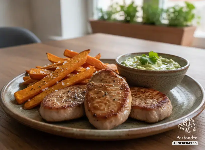 Chicken steaks with sweet potatoes and avocado dip