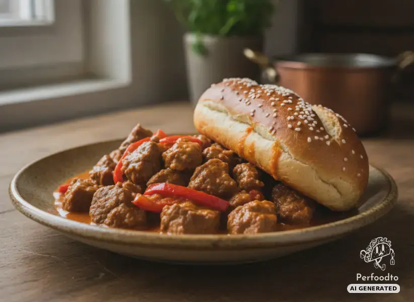 Hearty beef goulash with pointed peppers and pretzel rolls