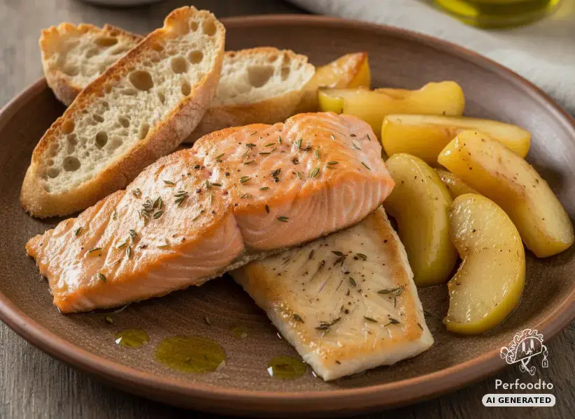 Pan seared fish fillets with glazed apples and crispy baguette