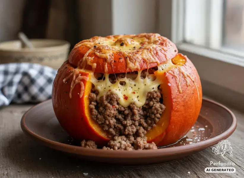 Stuffed Hokkaido pumpkin with minced meat and Emmental cheese