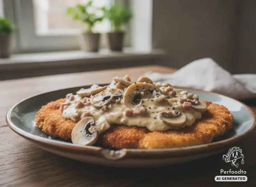 Pork schnitzel with king oyster mushrooms in cream cheese sauce