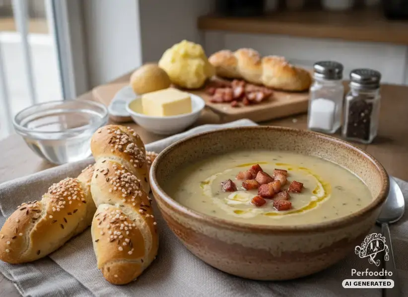Cremige Erdäpfelsuppe aus dem Thermomix mit Speckwürfeln und Salzstangerl
