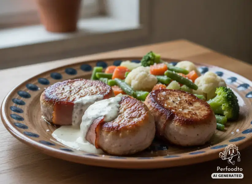 Pan seared pork medallions wrapped in ham with steamed vegetables