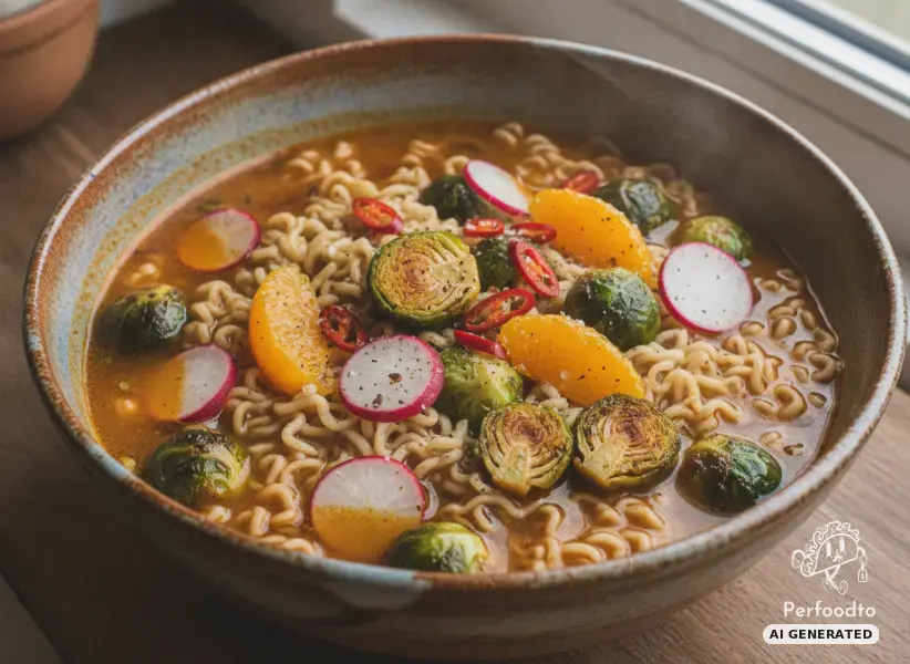 Spicy ramen soup with roasted Brussels sprouts and radishes