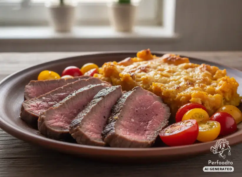 Pan seared pork tenderloin with sweet potato gratin and tomatoes