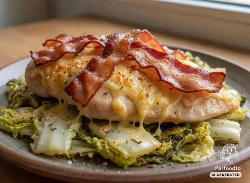 Baked chicken fillet with bacon and napa cabbage