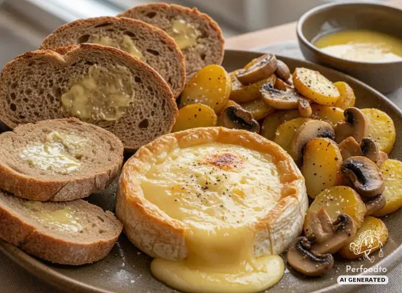 Melted oven cheese with roasted potatoes and crusty bread