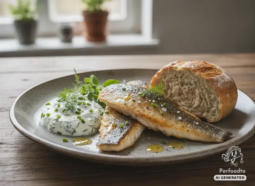 Pan-seared char fillet with yogurt dip and Wachauer bread rolls