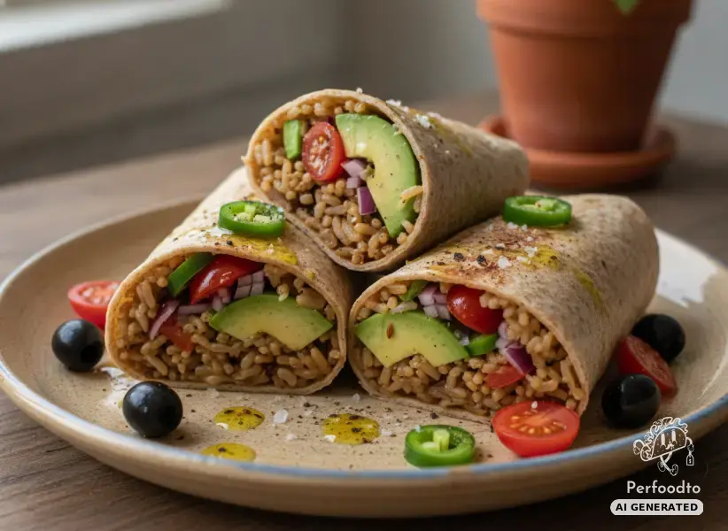 Vegan whole wheat wraps with rice, avocado and fiery jalapenos