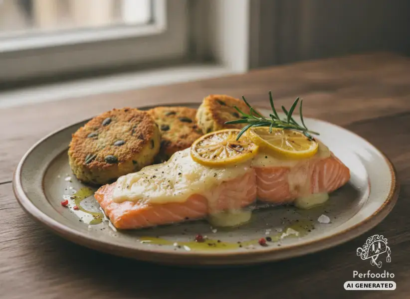 Baked salmon fillet with wine cheese and lemon served with crispy pumpkin seed rolls