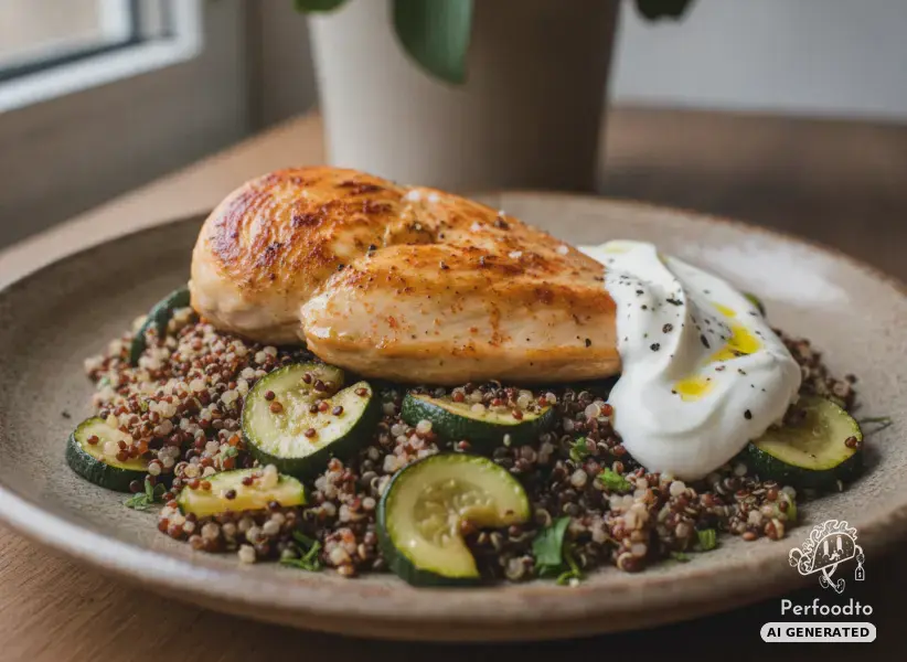 Gebratene Hendlbrust mit buntem Quinoa und Zucchini