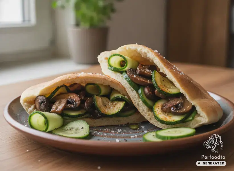 Gefülltes Pitabrot mit gebratenen Champignons und Gurke